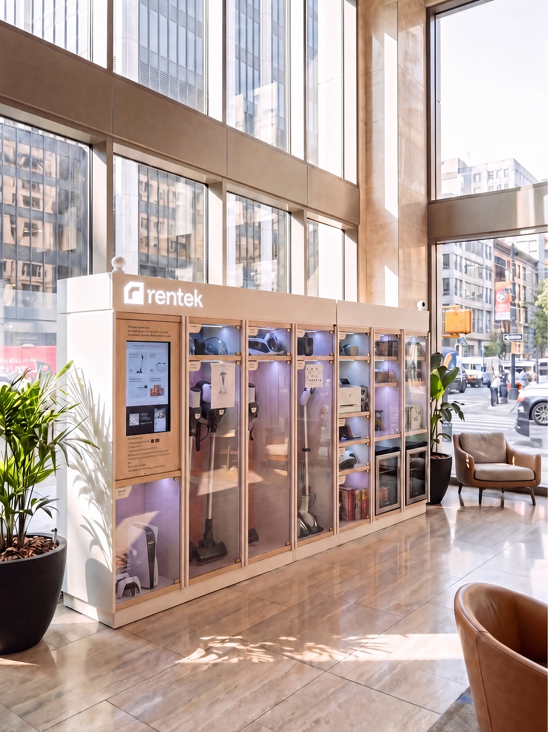 A Rentek smart rental locker in a residential building lobby