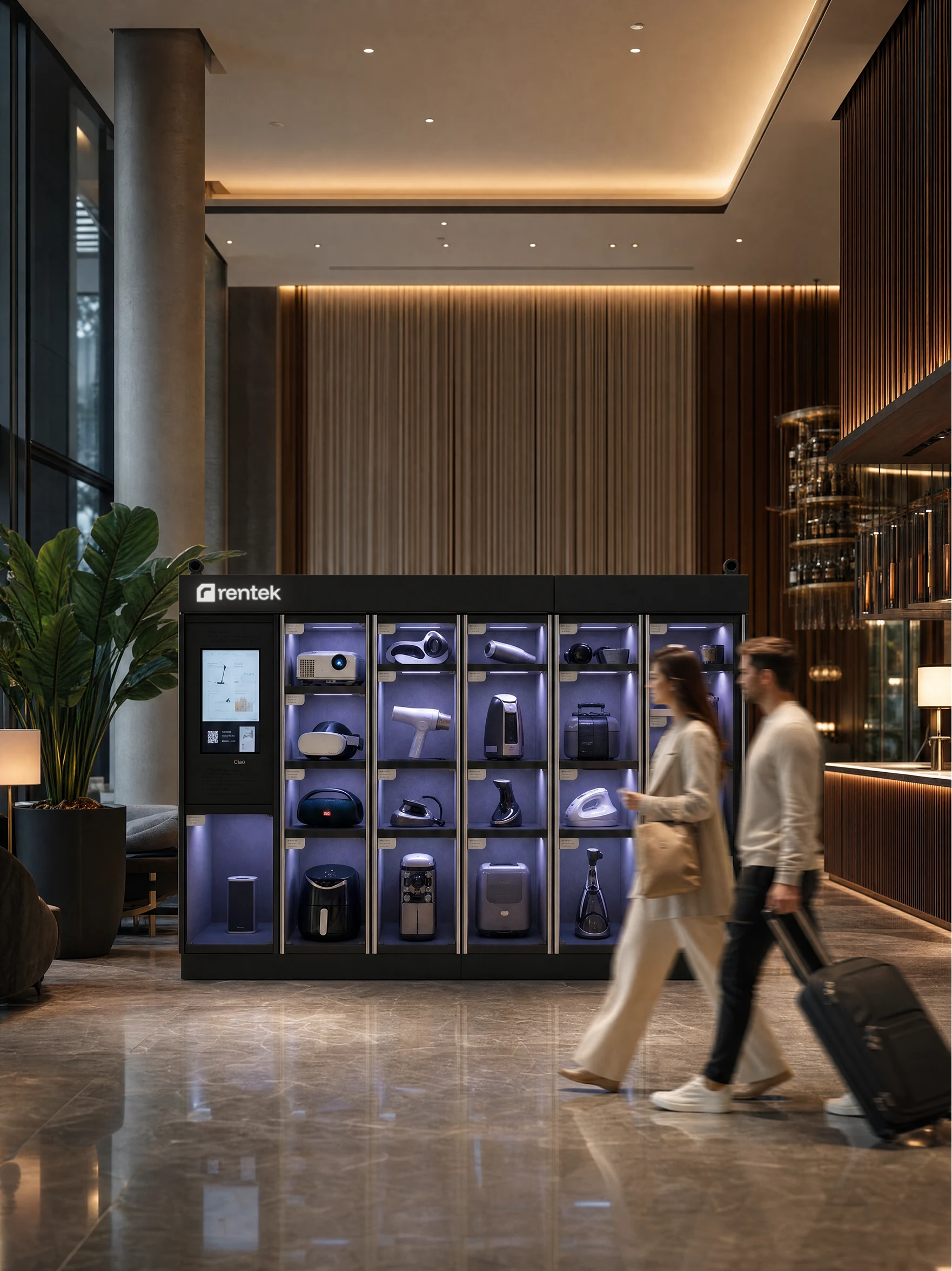 A Rentek smart rental locker in a hotel lobby