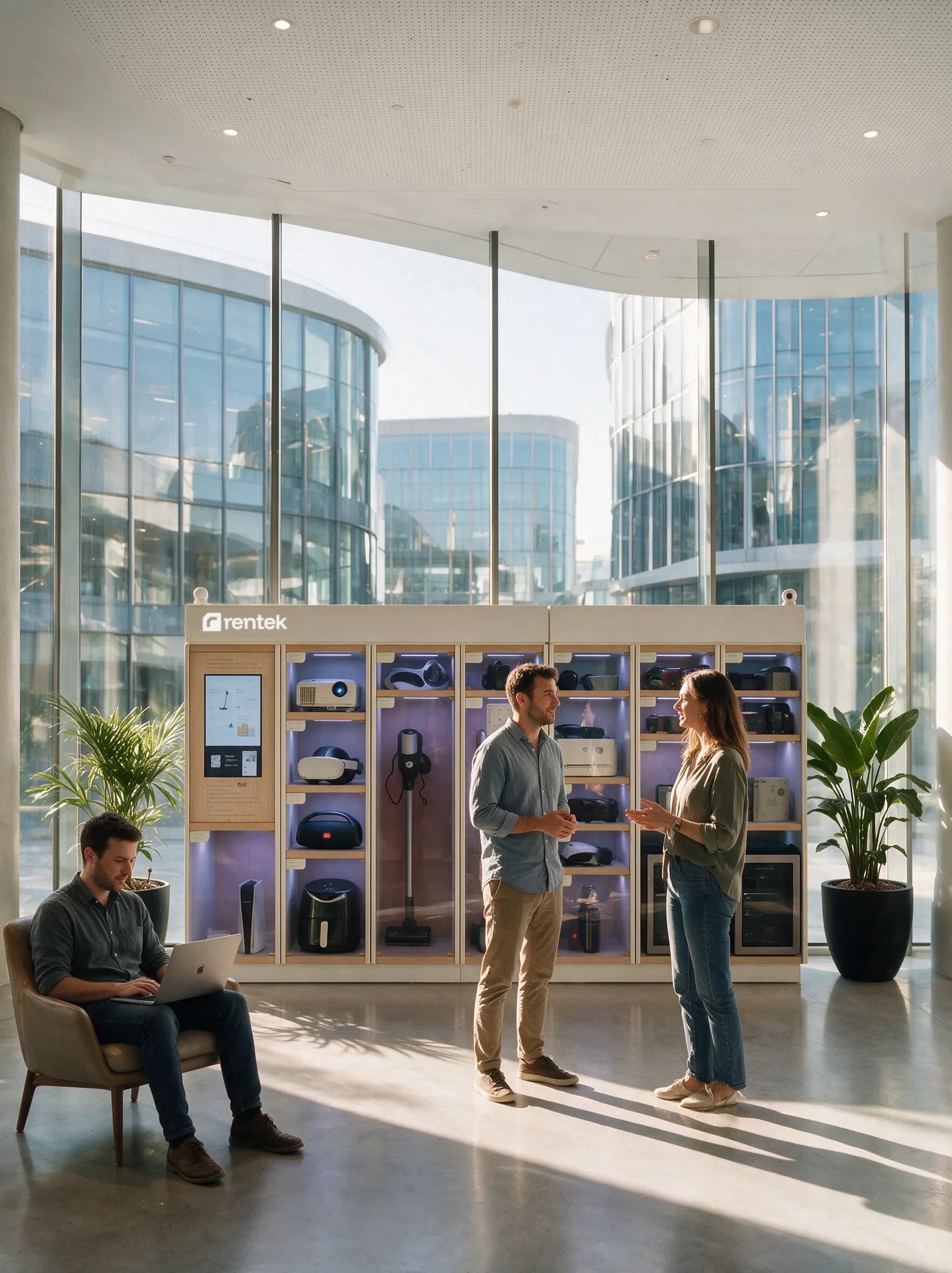 Colleagues using a Rentek in an office lobby